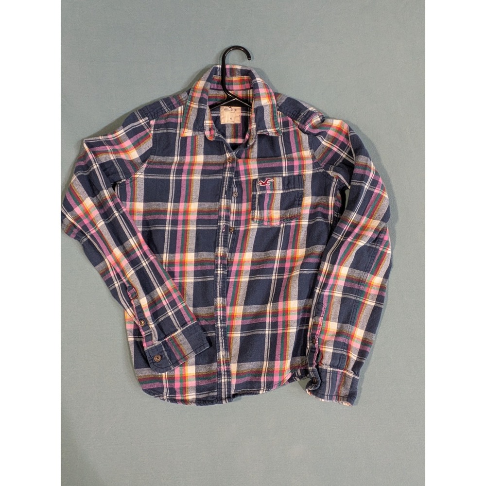 Hollister California Women Navy Blue Pink Plaid Flannel Button Down Shirt Size M